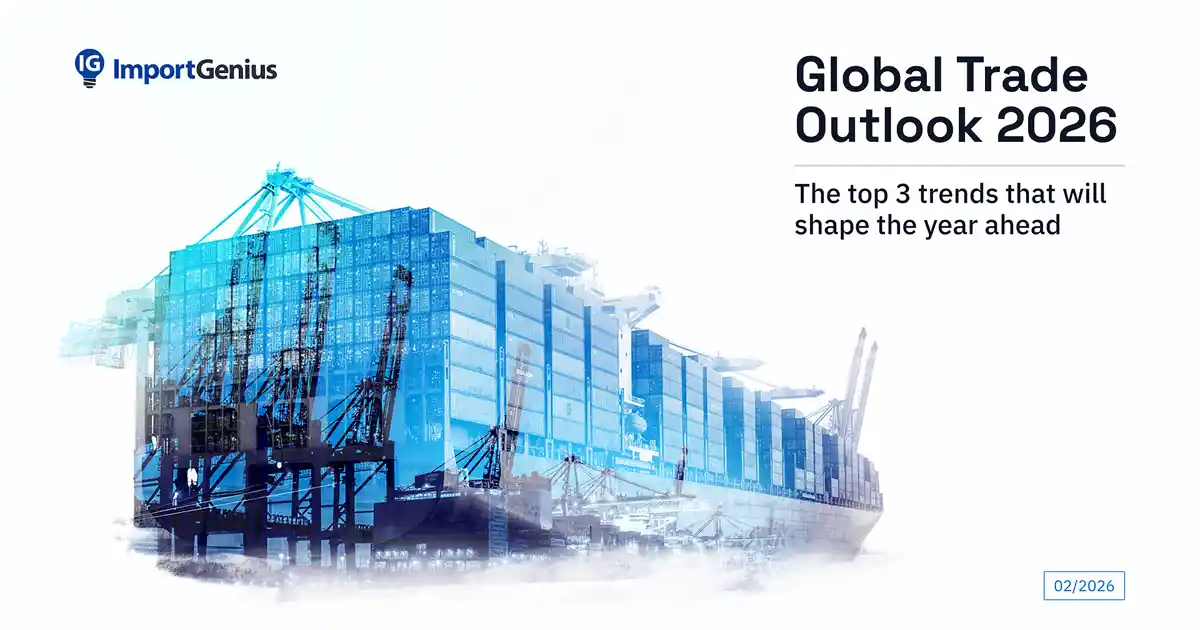 A large container ship and port cranes with the title 'Global Trade Outlook 2026' and subtitle 'The top 3 trends that will shape the year ahead' by Import Genius.